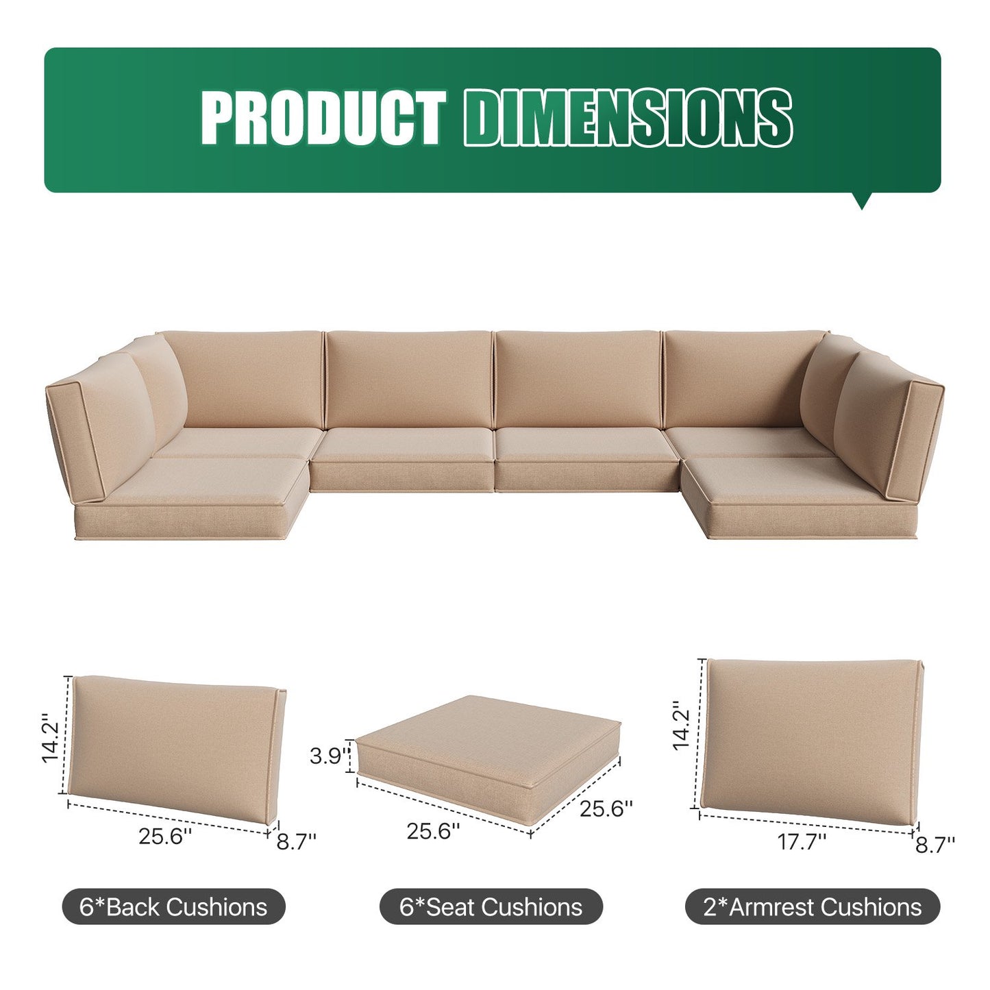 Clouddwell 14-Piece Premium Outdoor Cushion Set, High-Resilience Waterproof Cushions for 6-Seat Wicker Sectional, Comfort Upgrade (Off-White)