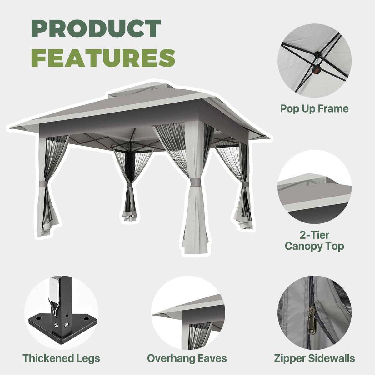 Dateyes 13x13 FT Pop Up Gazebo, Outdoor Gazebo Canopy with Mosquito Netting, 3 Adjustable Heights, Portable Patio Gazebo Tent for Backyard, Patio, Gray