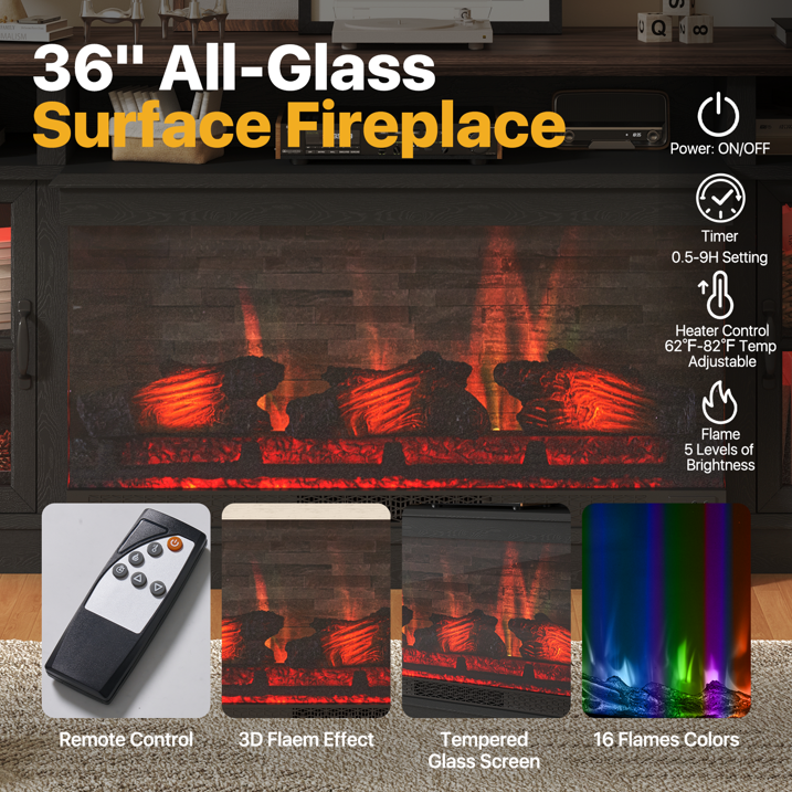 Sonegra 70 inch Fireplace TV Stand for TVs up to 80" with Electric Fireplace, Farmhouse Entertainment Center with LED Lights and Glass Door, Modern TV Consoles for Living Room, Black