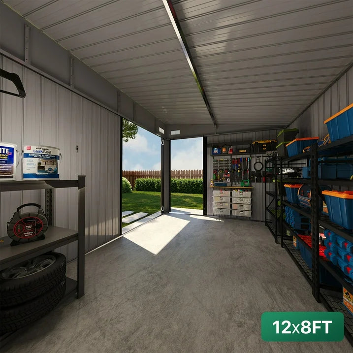 Clouddwell 12ft x 8ft Heavy-Duty Metal Storage Shed with 3 Doors, Lockable Lean-To Design, Weatherproof for Garden & Tools (Brown)