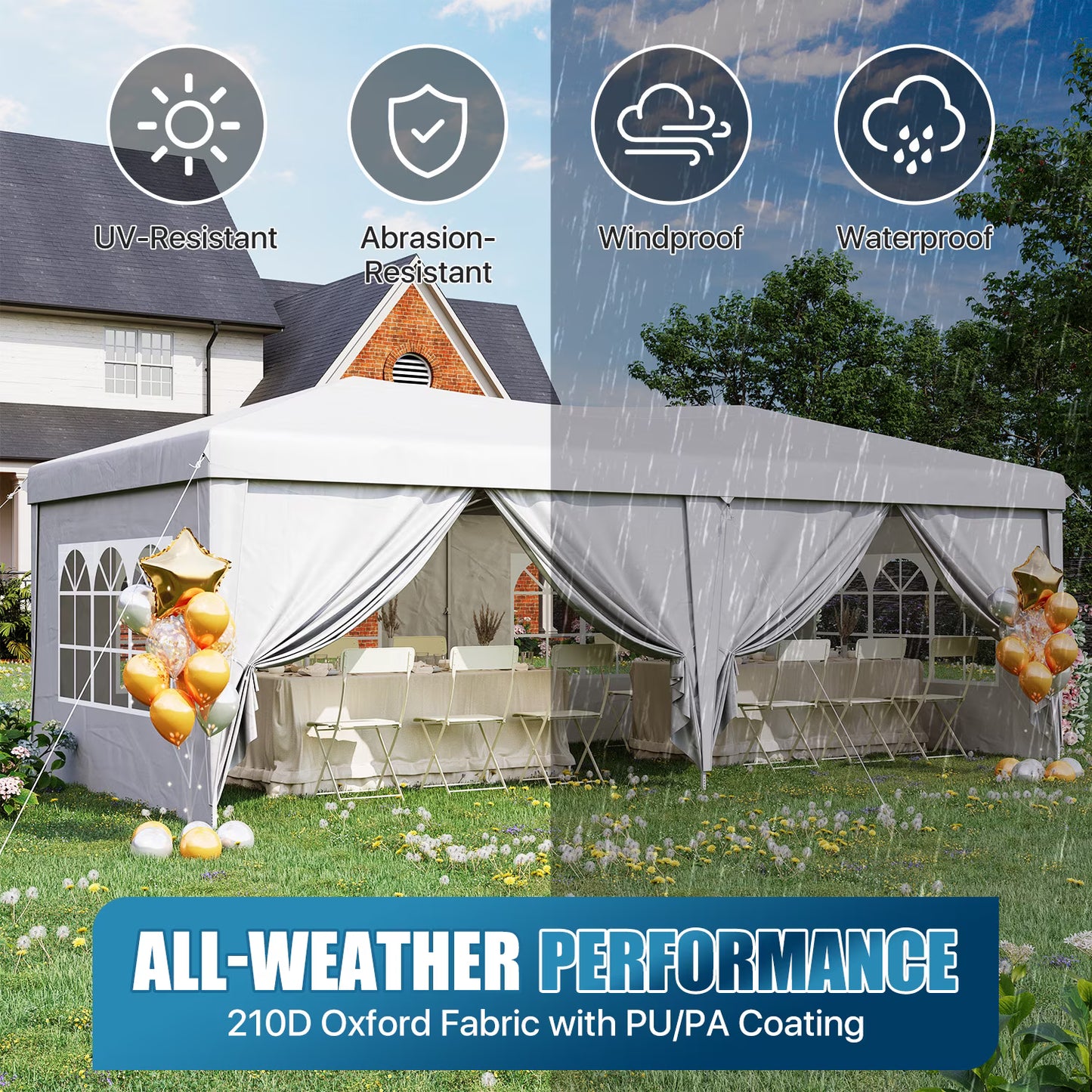 Dateyes 10x20 Pop Up Canopy Tent, Waterproof Party Tent with 6 Removable Sidewalls, 3-Level Height Adjustable Event Tent, Instant Shelter for Wedding, Party, Commercial & Market Events,White