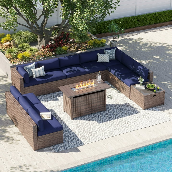 Clouddwell 12 Piece Patio Furniture Set with 44” Fire Pit Table Wicker Rattan Patio Conversation Set Outdoor Sectional Sofa Set with Coffee Table and Blue Cushions(Waterproof Cover Included)