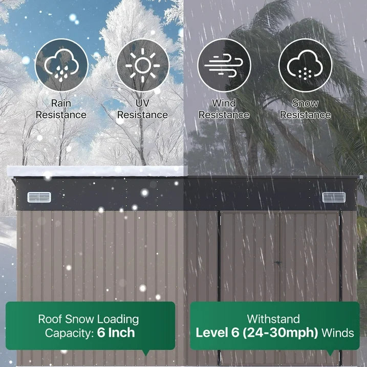 Clouddwell 12ft x 8ft Heavy-Duty Metal Storage Shed with 3 Doors, Lockable Lean-To Design, Weatherproof for Garden & Tools (Brown)