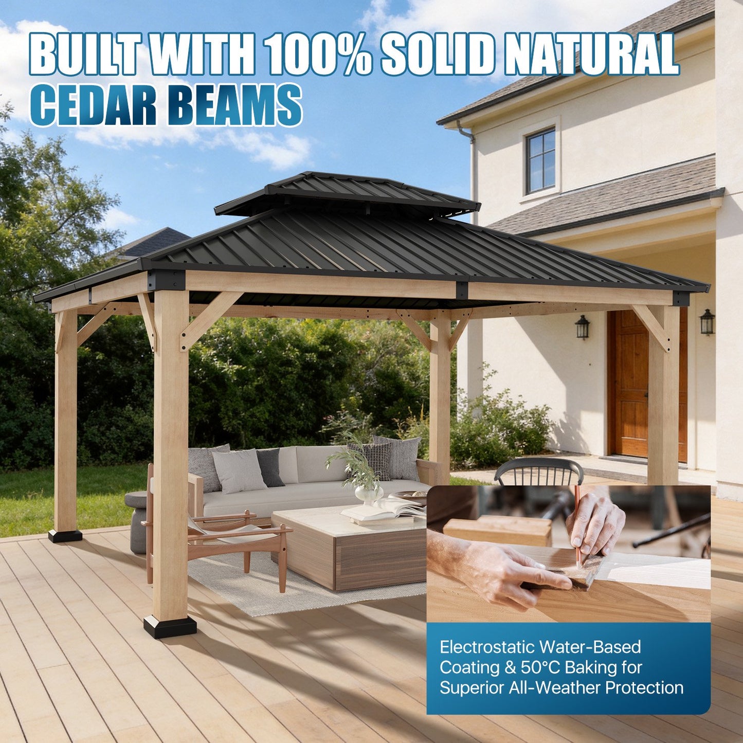 Sunmthink 12'x14' Outdoor Hardtop Gazebo, Cedar Wood Pavilion with Galvanized Steel Double Roof, for Patio, Garden, Deck
