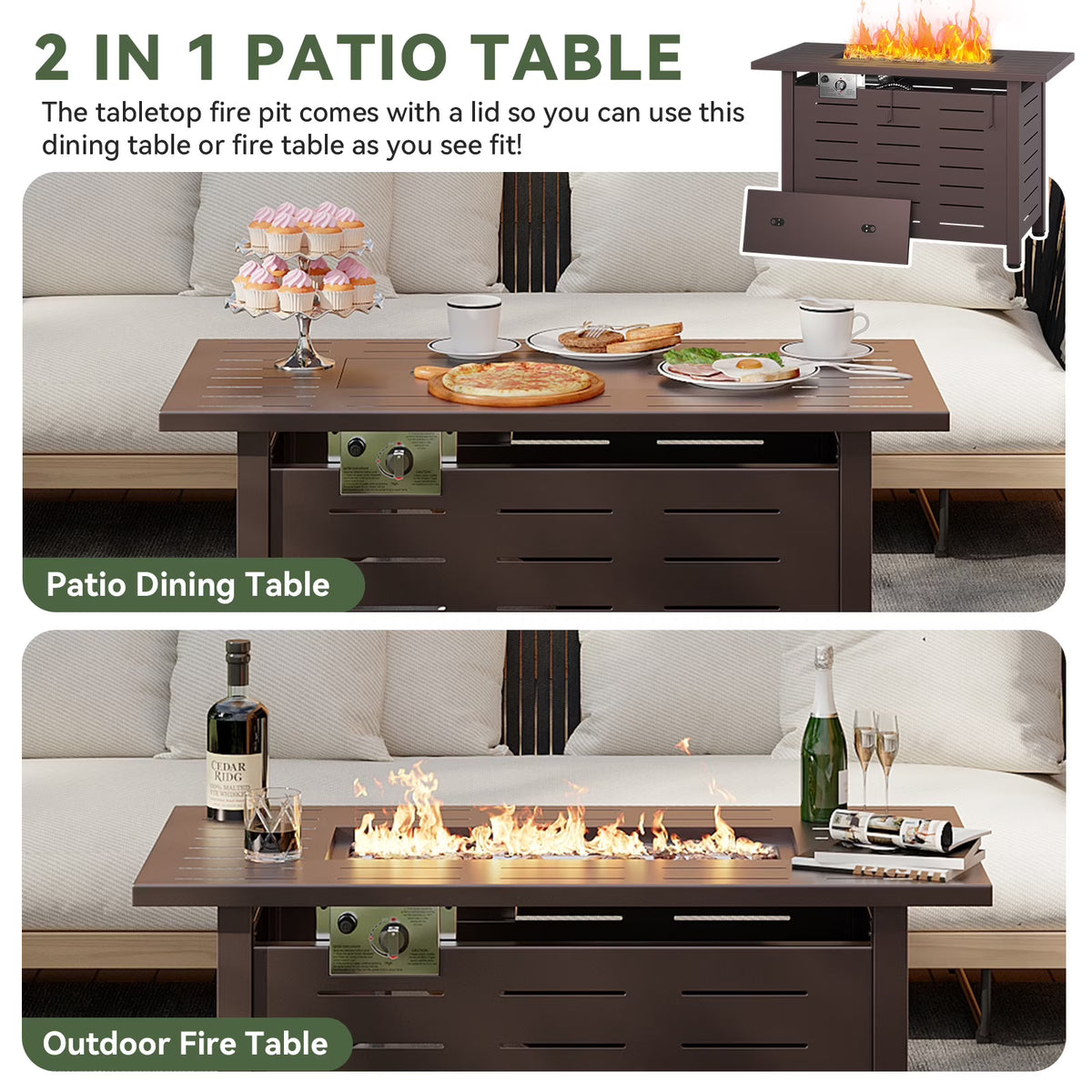 LazySunsets 42" Rectangle Propane Fire Pit Table – 50,000 BTU Outdoor Patio Heater with Removable Lid, Waterproof Cover & Lava Rocks, Brown