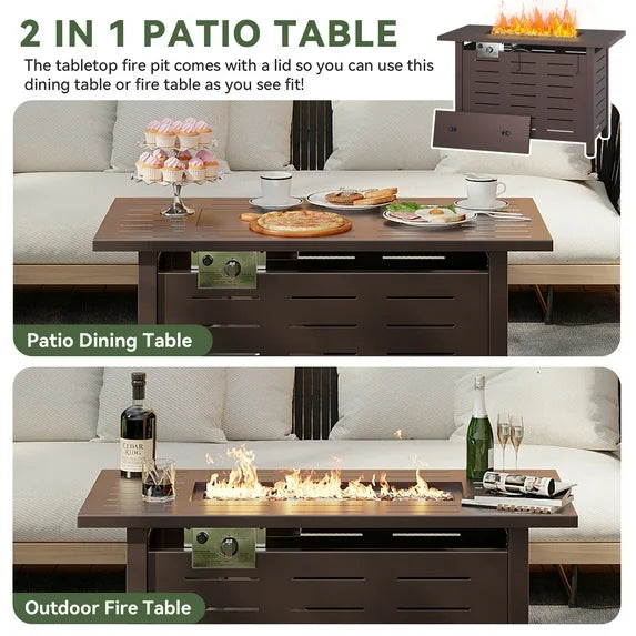 Clouddwell 42" Rectangle Propane Fire Pit Table – 50,000 BTU Outdoor Patio Heater with Removable Lid, Waterproof Cover & Lava Rocks, Brown
