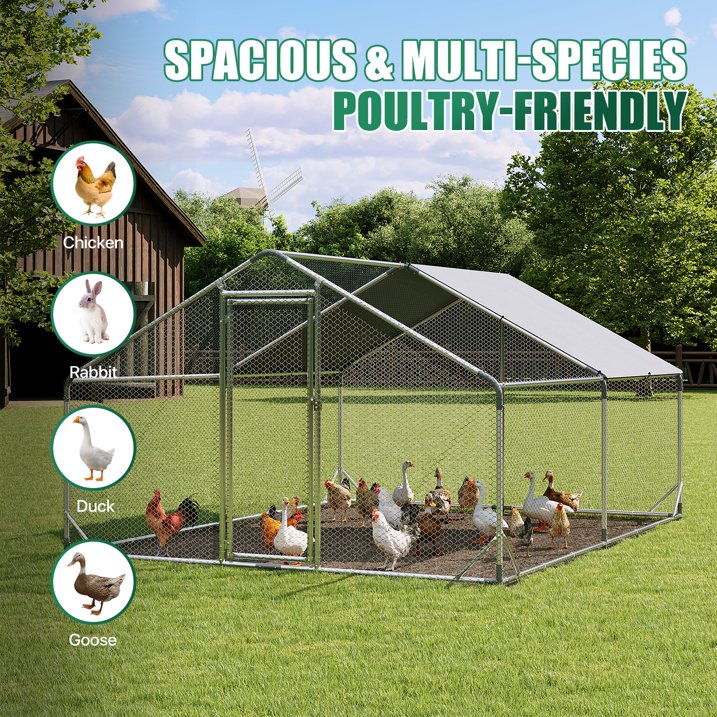 Clouddwell Large Metal Chicken Coop Duck House with Waterproof Spire Roof, Outdoor Poultry Walk-in Run Cage - 9.8' L x 13.1' W x 6.4' H