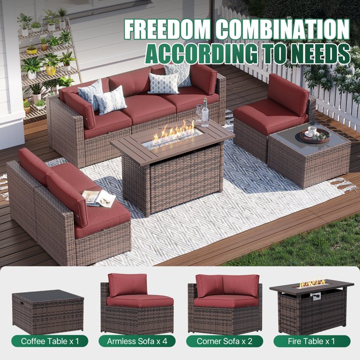 Clouddwell 8 Piece Patio Furniture Set with 44” Fire Pit Table Wicker Rattan Patio Conversation Set Outdoor Sectional Sofa Set with Coffee Table and Blue Cushions(Waterproof Cover Included)