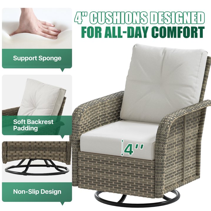Sunmthink 7-Piece Patio Furniture Set, High Back Swivel Rocker Chairs with Thick Cushions, Wicker Rattan Outdoor Sectional Sofa with Coffee Table & Ottoman, Gray