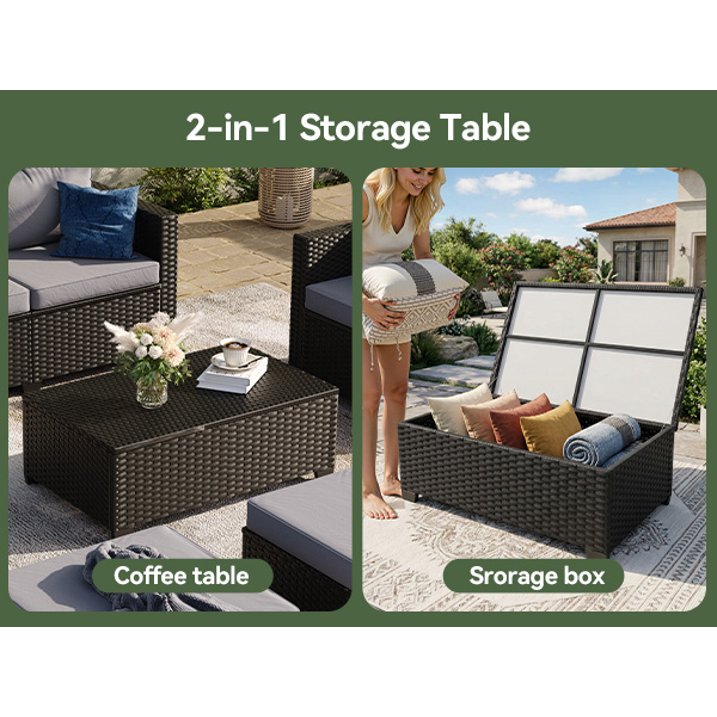 6 Piece Outdoor Wicker Patio Furniture Set, Rattan Sectional Sofa Sets with Grey Cushions