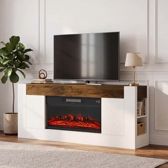Sonergra Farmhouse Fireplace TV Stand for TVs up to 80 Inch Rustic Wood,70 Inch Electric Fireplace Entertainment Center with Drawers Cabinets and Open Storage Shelves for Living Room,White