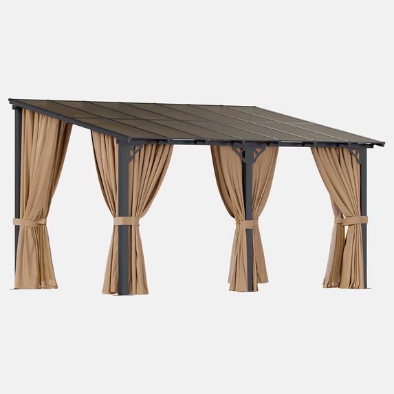 LazySunsets 10x14 FT Wall-Mounted Aluminum Gazebo Polycarbonate Roof with Full Mosquito Netting & Privacy Curtains