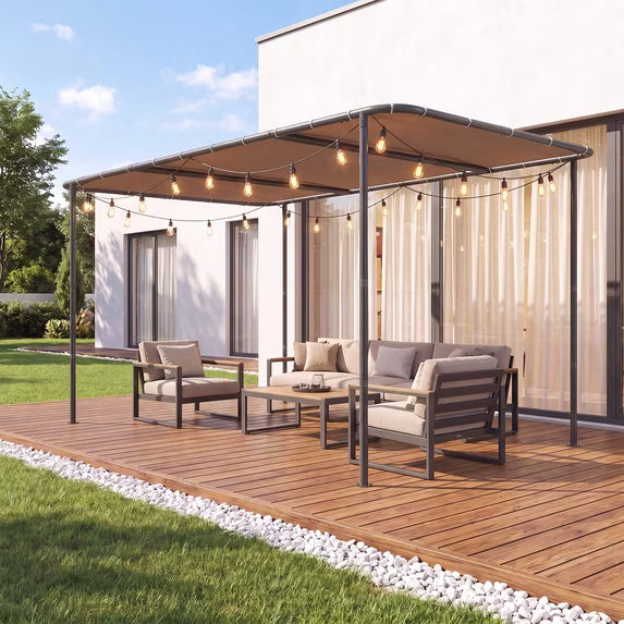 Clouddwell 10×10 FT Wall-Mounted Sloped Roof Outdoor Pergola Canopy, Water-Resistant & UV-Resistant Metal Patio Gazebo for Backyard Garden Porch in Khaki