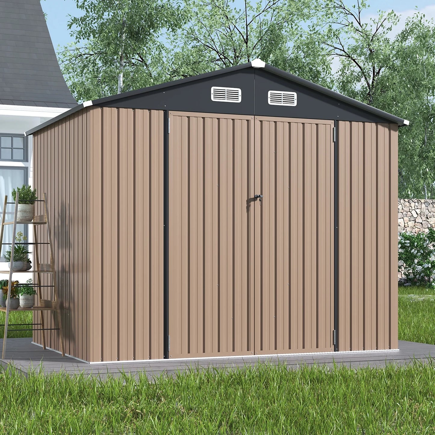 Clouddwell 7.5x5 ft. Outdoor Storage Shed with Base, Brown Metal Garden Shed with Double Lockable Doors for Backyard, Patio