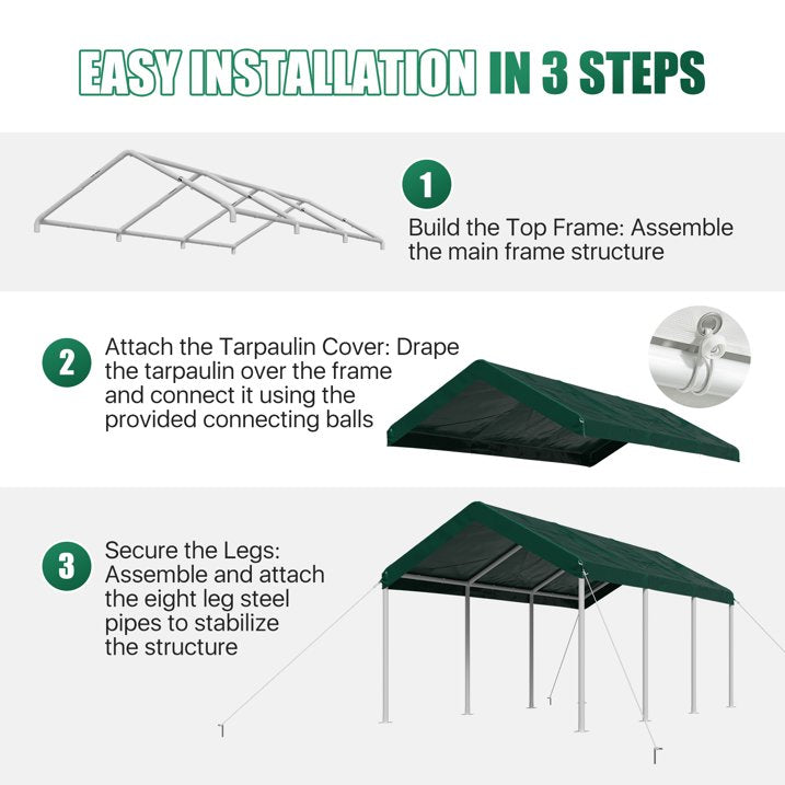 Clouddwell Carport 10x20 FT Heavy-Duty Portable Carport, Outdoor Car Canopy Shelter with Waterproof Tarp & Wind Resistant Design, Galvanized Steel Frame for Vehicle, RV, Boat, Truck Cover (Green)
