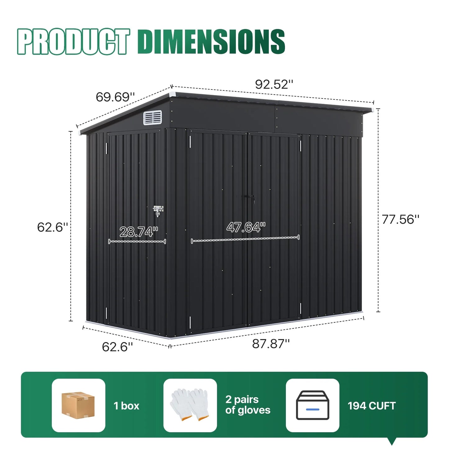 Clouddwell 8ft x 6ft Heavy-Duty Metal Storage Shed with 3 Doors, Lockable Lean-To Design, Weatherproof for Garden & Tools (Black)