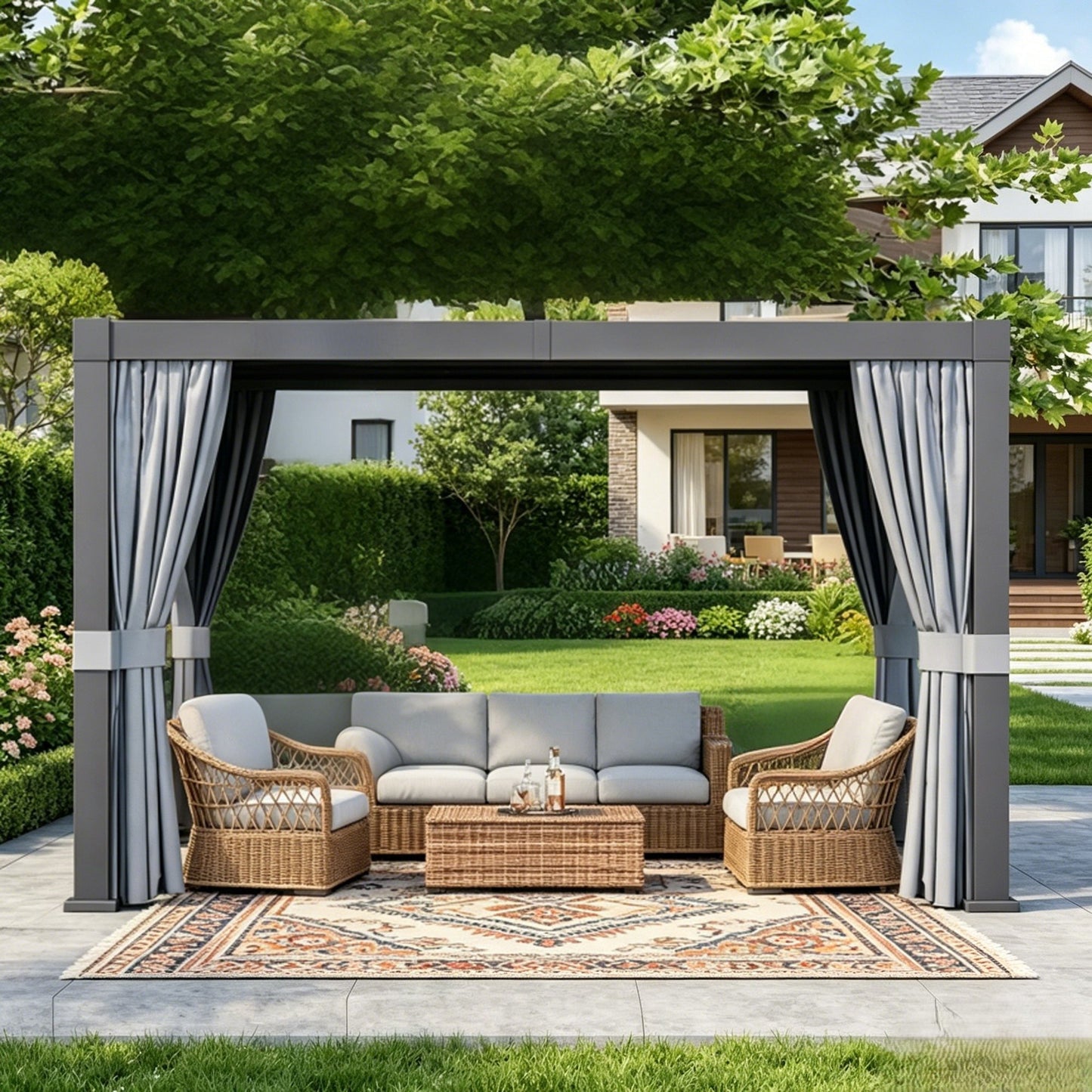 Sunmthink 10' x 12' Louvered Pergola, Outdoor Aluminum Pergola with Curtains & Netting for Decks, Gardens and Backyards, Gray