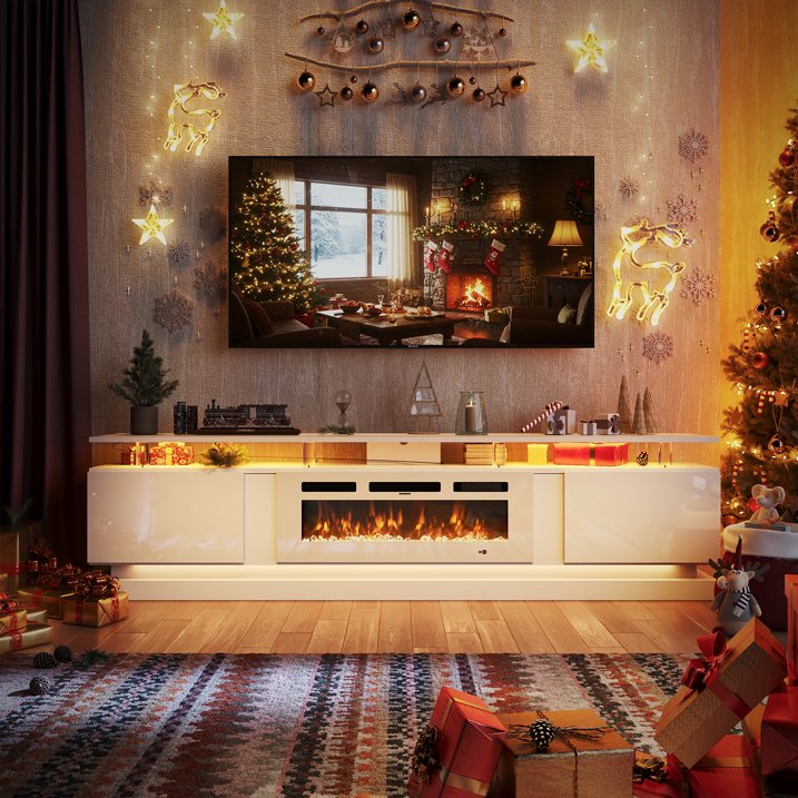 Sonegra Modern Fireplace TV Stand for TVs Up to 90" with Music Sync LED, 80" Entertainment Center with Electric Fireplace, TV Console with Storage Cabinets for Living Room, White