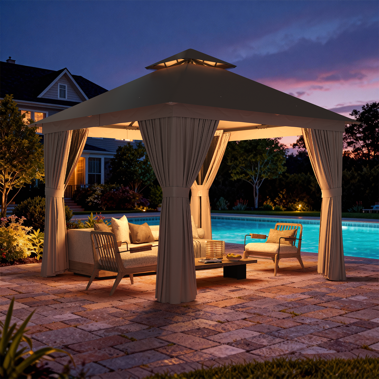 Clouddwell 10'x10' Patio Gazebo Double Roof Protection All-Weather Outdoor Shelter Features Insect Screens & Privacy Curtains Ideal for Backyard, Lawn, (Beige)