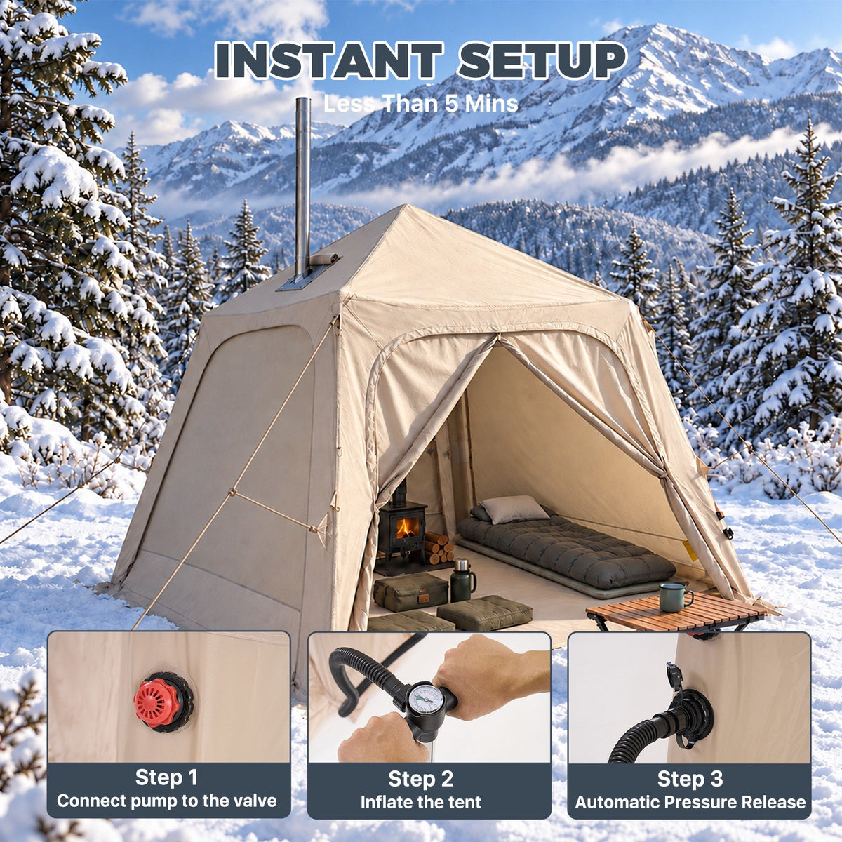 Dateyes Inflatable Camping Tent for 5-7 Person, Quick Blow-up Family Tent, Lightweight Portable Outdoor Shelter for Camping, Beach and Festivals, Beige