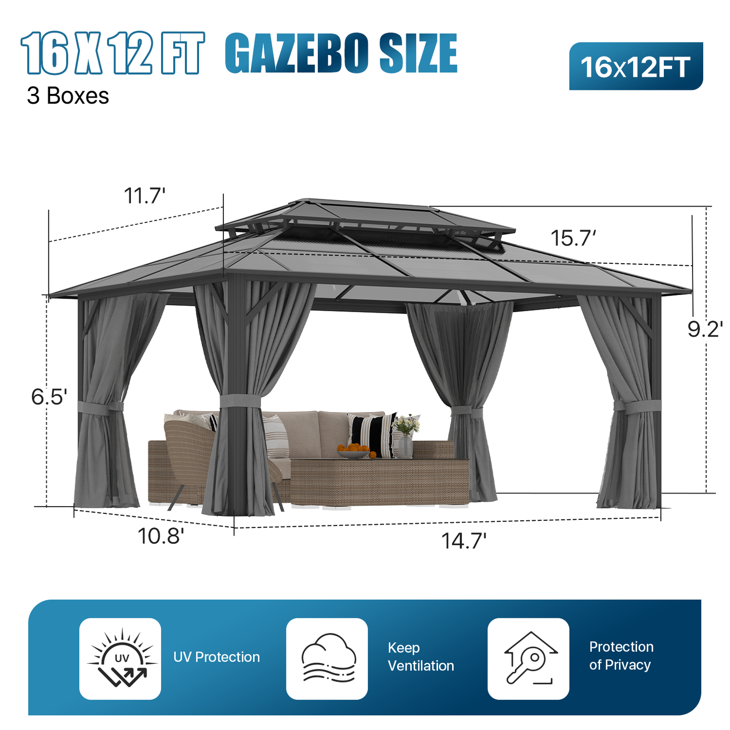 Sunmthink 12' x 16' Hardtop Gazebo,Polycarbonate Double Roof,Aluminum Frame with Curtains and Netting for Patio,Garden,Gray
