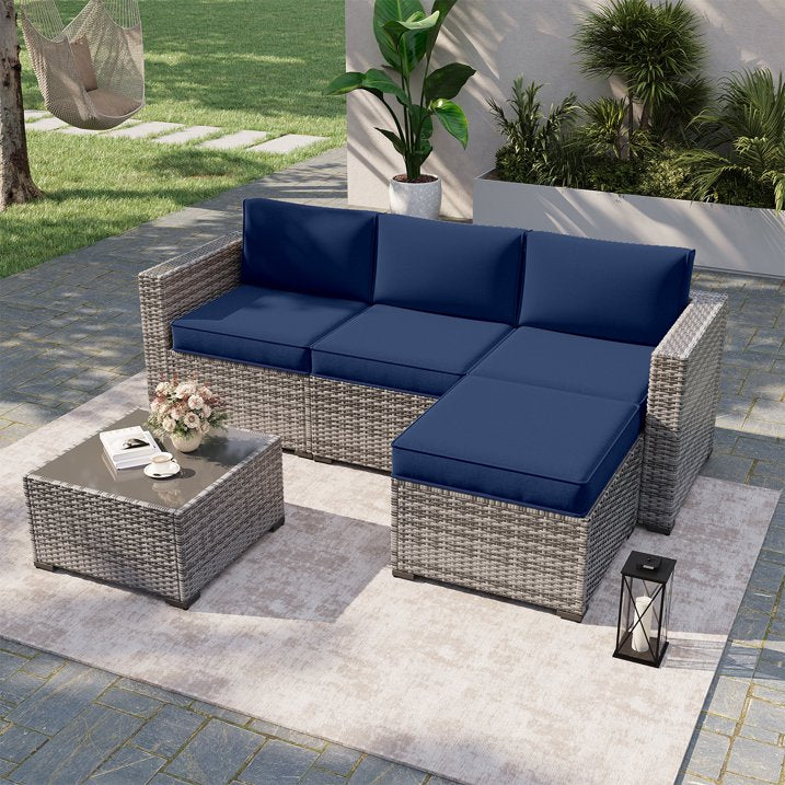 Clouddwell 7-Piece Premium Outdoor Cushion Set, High-Resilience Waterproof Cushions for 4-Seat Wicker Sectional(Navy Blue)