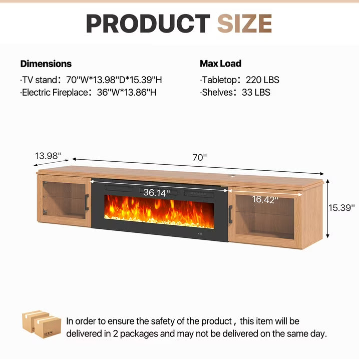 Sonegra Floating Fireplace TV Stand for TVs up 80", Wall Mounted Fireplace Entertainment Center, 70" Console Table with Electric Fireplace, Brown, WI-FI Enabled