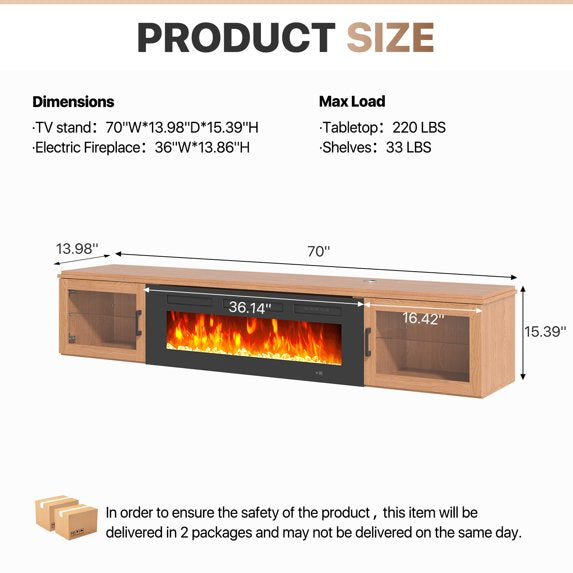 Sonegra 70" Floating TV Stand with 36" Electric Fireplace, High Gloss Finish Wall Mounted Fireplace Entertainment Center with Storage for TVs Up to 80", Brown