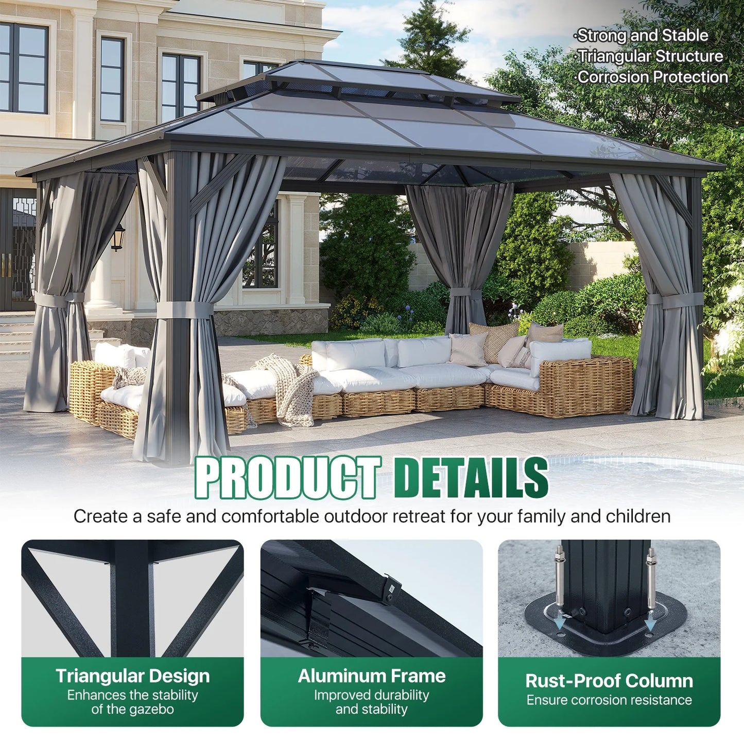 Clouddwell 12'x16' Hardtop Gazebo - Polycarbonate Double Roof with Netting & Curtains for Patio, Garden Sun Protection,Gray