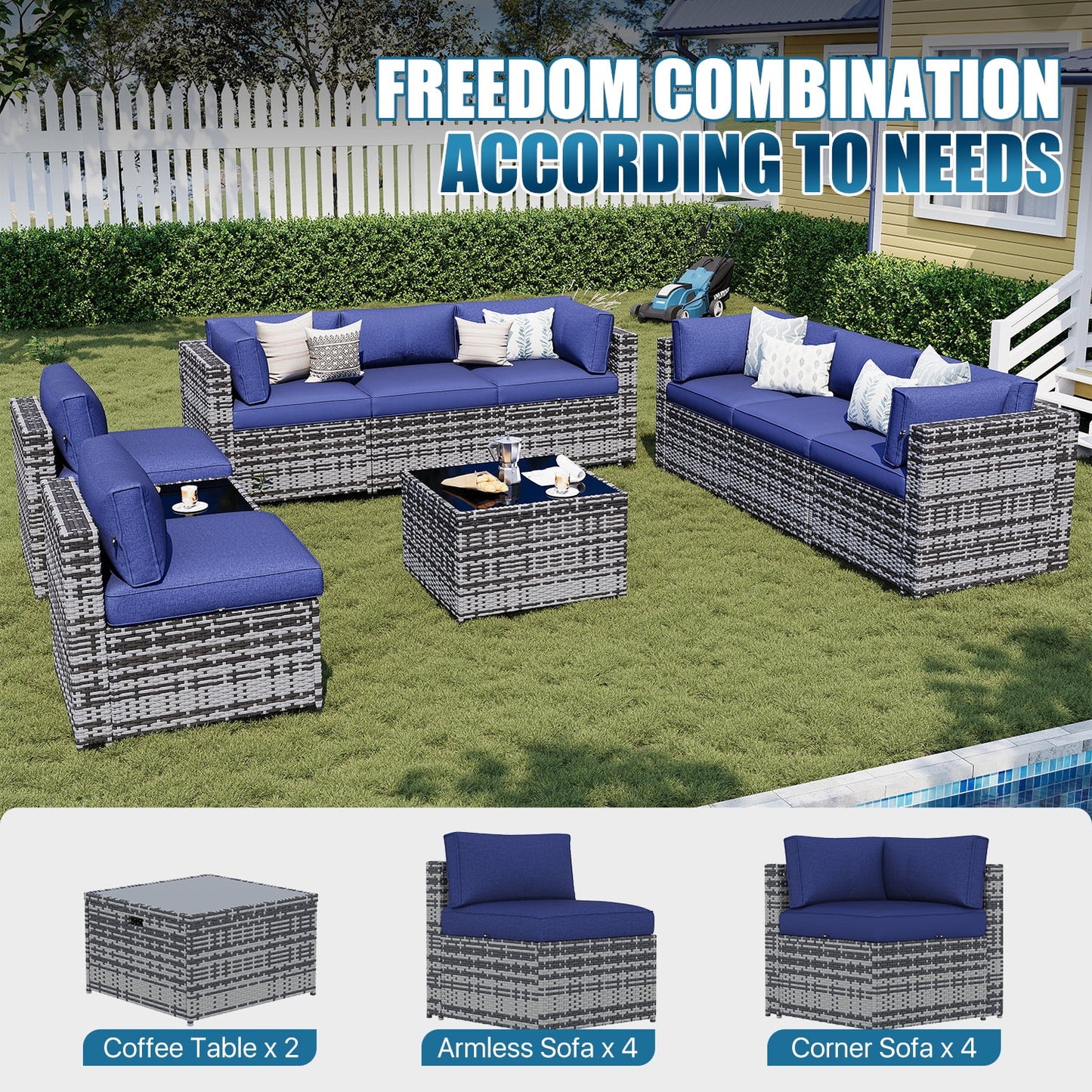 Sunmthink Patio Furniture Sets, 10-Piece Outdoor Patio Furniture with Thick Cushions, Wicker Outdoor Conversation Set and Waterproof Cover for Backyard, Poolside, Garden