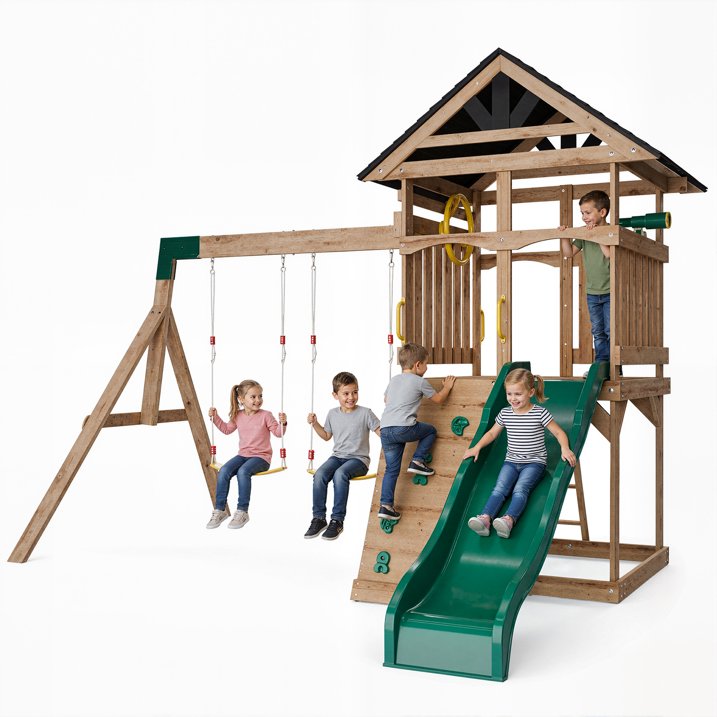 Clouddwell Wood Swing Set with Wave Slide, Play Deck, Rock Wall Ladder, Belt Swings, Chalkboard, Canopy Roof, Outdoor Playset