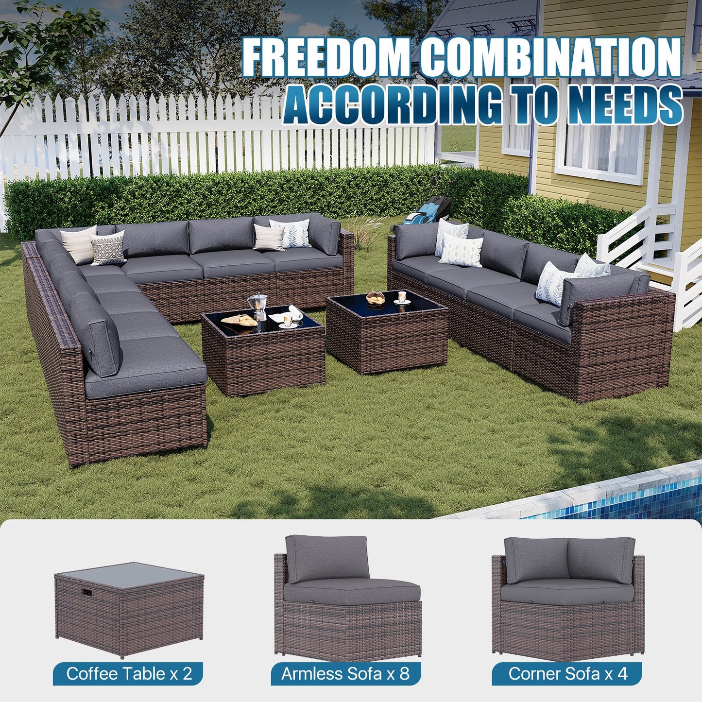 Sunmthink Patio Furniture Sets, 14-Piece Outdoor Patio Furniture with Thick Cushions, Wicker Outdoor Conversation Set and Waterproof Cover for Backyard, Poolside, Garden