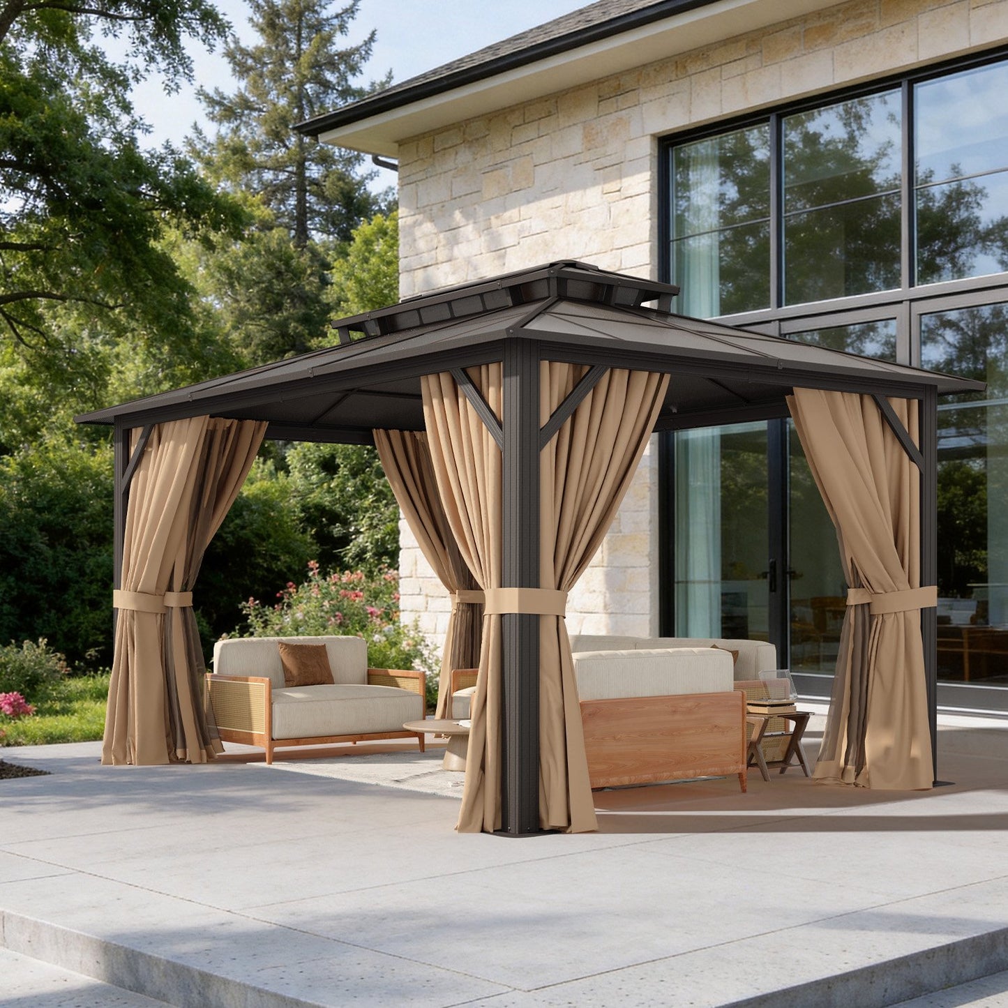 Clouddwell 10'x14' Hardtop Gazebo - Polycarbonate Double Roof with Netting & Curtains for Patio, Garden Sun Protection,Brown