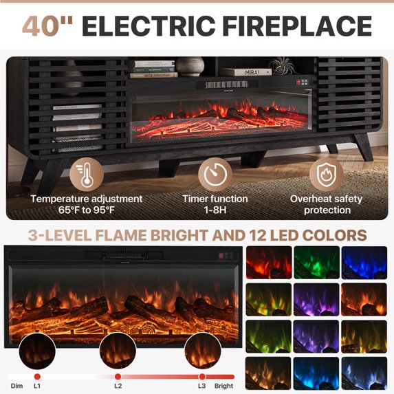Sonegra Fireplace TV Stand with 40" Electric Fireplace, Mid Century Modern Entertainment Center with Led Lights for 90" TVs , Wood Media Console with Slatted Sliding Doors for Living Room, Black