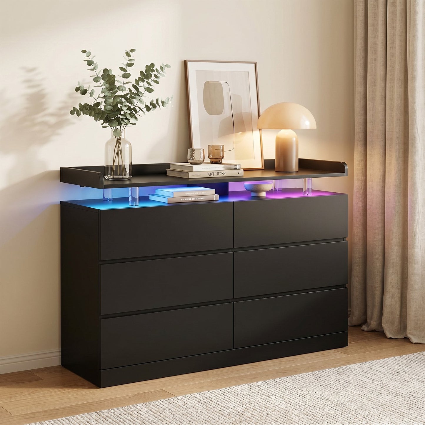 Sonegra 47 Inch 6‑Drawer Dresser, Modern High Gloss Chest of Drawers with LED Light & Glass Tabletop, Large Storage Cabinet for Bedroom Living Room, Black