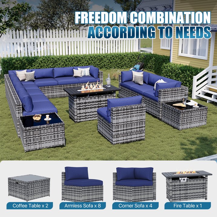 Sunmthink Patio Furniture Sets, 15-Piece Outdoor Patio Furniture with 44'' Propane Gas Firepit Table, Wicker Outdoor Conversation Set and Waterproof Cover for Backyard, Poolside, Garden