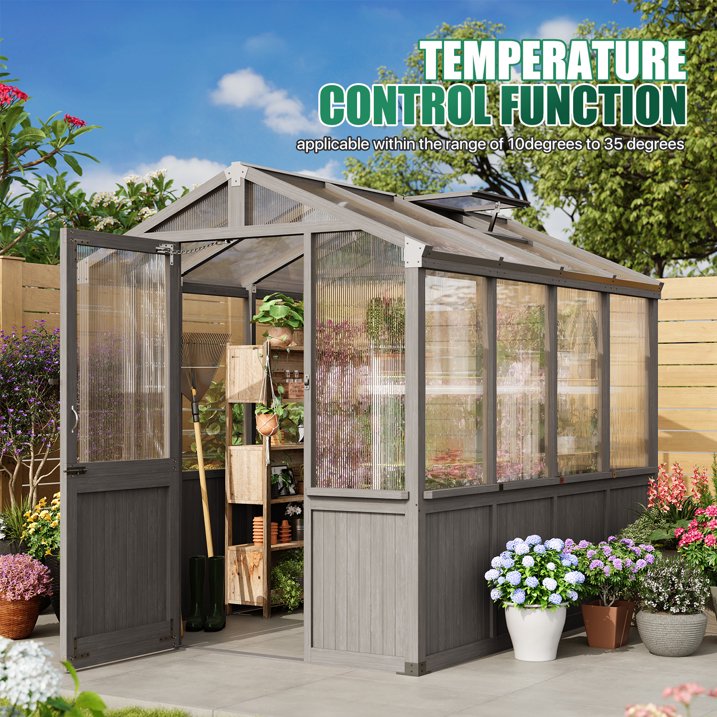 Clouddwell Large Outdoor Wooden Storage Shed, Polycarbonate Panels with Automatic Roof Vent & Lockable Door, Outdoor Walk-in Garden Greenhouse, 6x8 FT, Gray