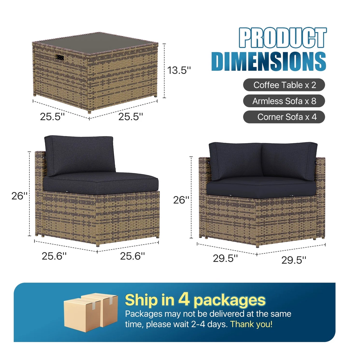 Sunmthink Patio Furniture Sets, 14-Piece Outdoor Patio Furniture with Thick Cushions, Wicker Outdoor Conversation Set and Waterproof Cover for Backyard, Poolside, Garden