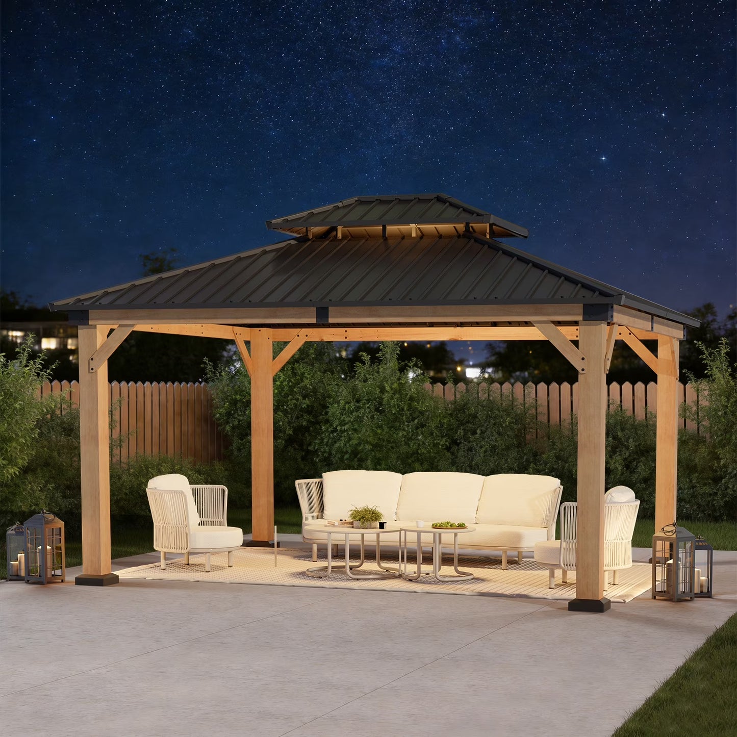 Clouddwell 12'*14' Upgraded Cedar Gazebo,Cedar Hard Roof Gazebo,with Double-Layer Galvanized Steel Roof,Suitable for Backyard,Desk,and Lawn