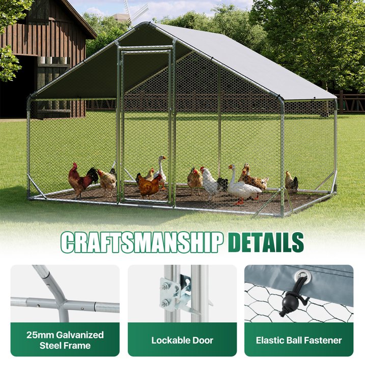 Clouddwell Large Metal Chicken Coop Duck House with Waterproof Spire Roof, Outdoor Poultry Walk-in Run Cage - 9.8' L x6.6' W x 6.4' H