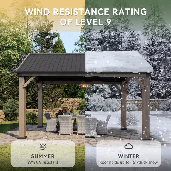 Aoxun 12' x 14' Outdoor Wood Gazebo, Hardtop Gazebo Permanent Wooden Pavilion with Galvanized Steel Gable Roof, for Patio, Garden, Backyard, Cedar Wood