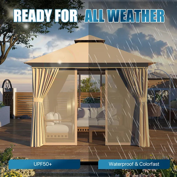Sunmthink Outdoor Gazebo for Patio 10'x10', Metal Frame Canopy with Double Roofs, Heavy Duty Party Tent and Shelter with Mosquito Netting and Privacy Screen for Backyard,Garden,Deck (Beige)