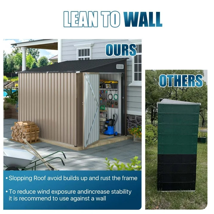 Sunmthink 7'x5.5' Lean to Shed with Side Door Waterproof Utility Shed with Sloped Roof, Lockable Door, Brown