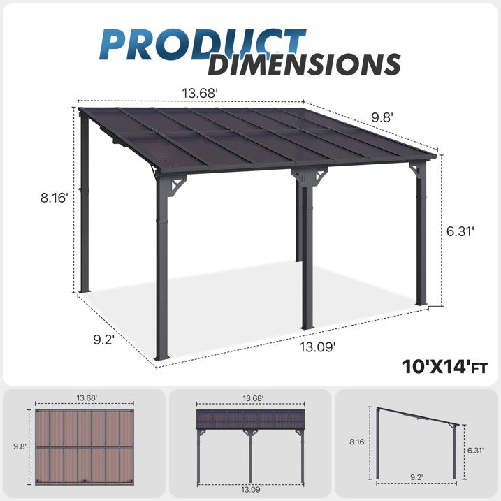 Sumnthink 10'x14' Gazebo for Patio, Gazebo Pergola with Sloped Roof, Large Wall-Mounted Heavy Duty Awnings, for Patio, Deck and Backyard
