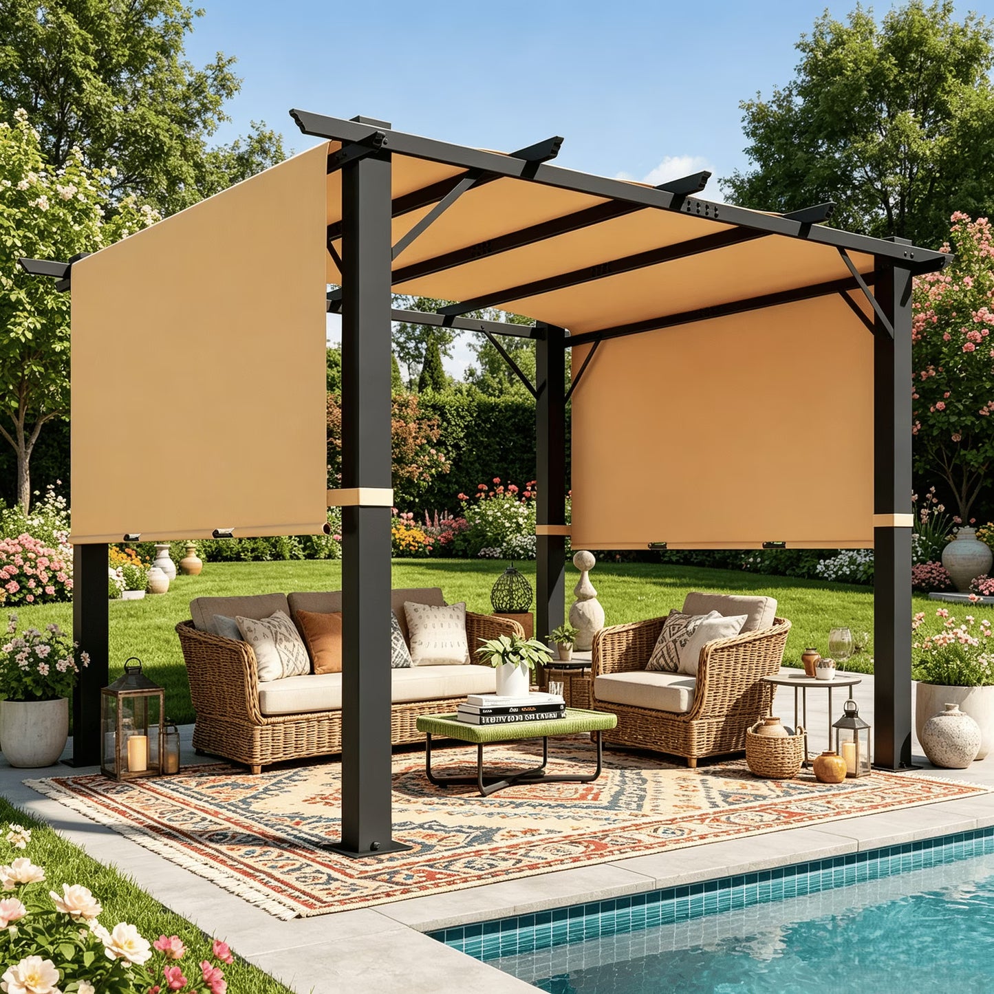 Clouddwell 12x10 ft Outdoor Pergola with Extended Canopy, Retractable Shade Pergola for Patio & Backyard, Blocks Low-Angle Sun, UV Protection, Khaki