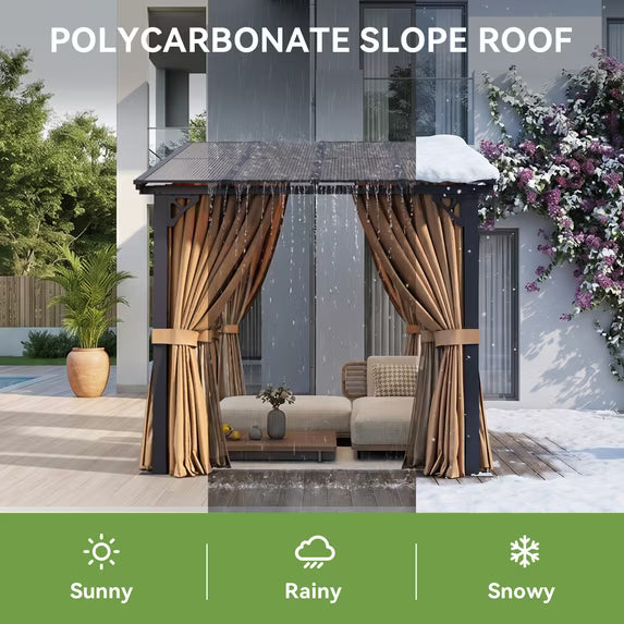 Dateyes 8‘x10’ Wall-Mounted Patio Gazebo with Durable Polycarbonate Roof, Full Bug Screens & Privacy Panels