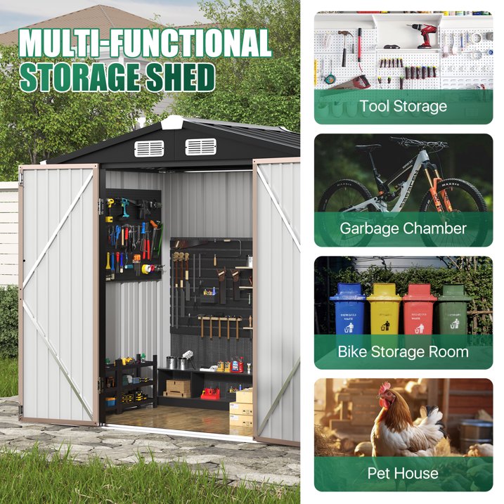 Clouddwell 6.2x4ft Galvanized Steel Storage Shed with Floor & Double Doors - Brown