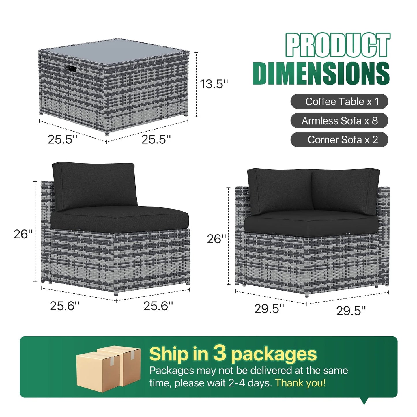 Clouddwell 11 Piece Patio Furniture Set Wicker Rattan Patio Conversation Set Outdoor Sectional Sofa Set with Coffee Table and Black Cushions(Waterproof Cover Included)