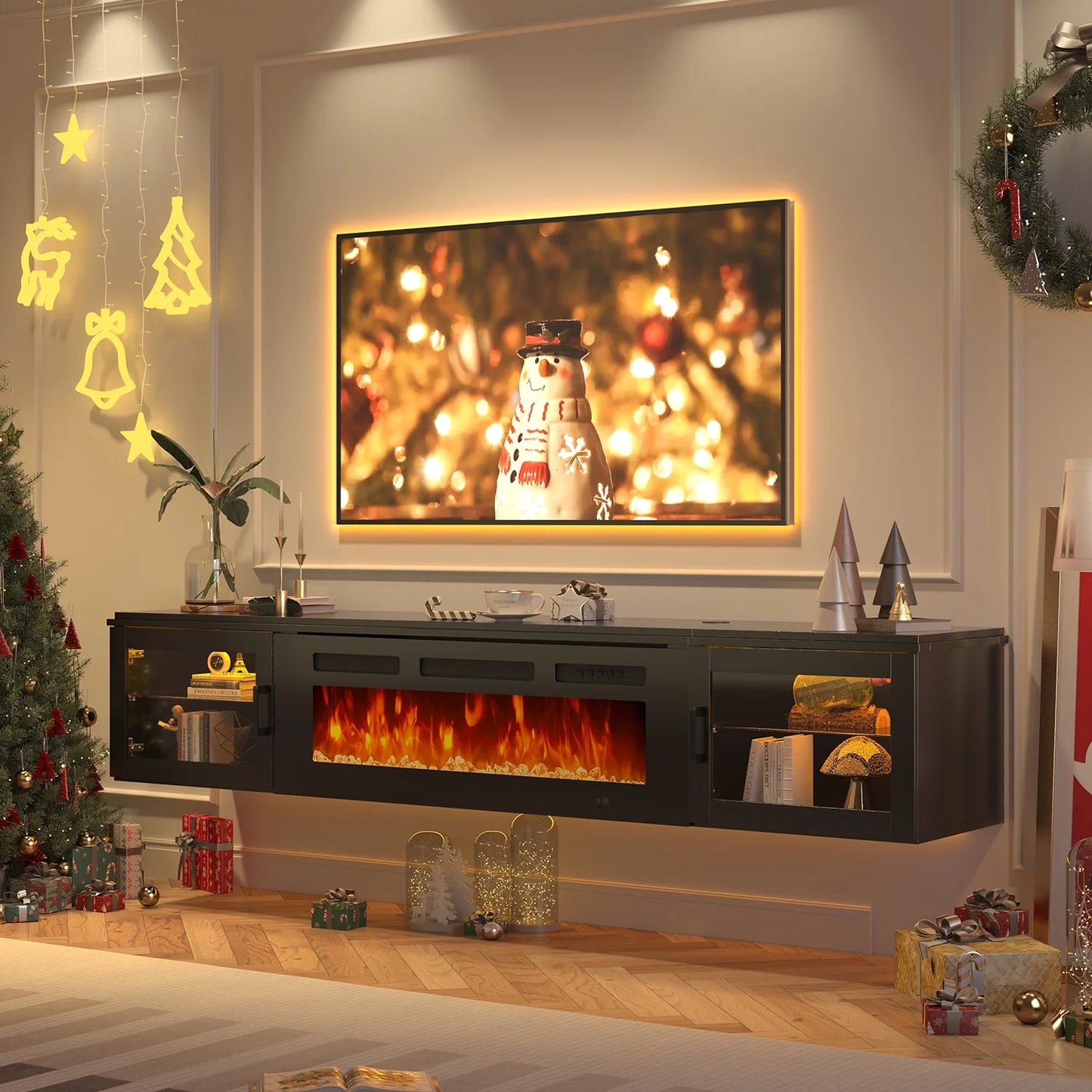 Sonegra 70" Floating TV Stand with 36" Electric Fireplace, High Gloss Finish Wall Mounted Fireplace Entertainment Center with Storage for TVs Up to 80", Black