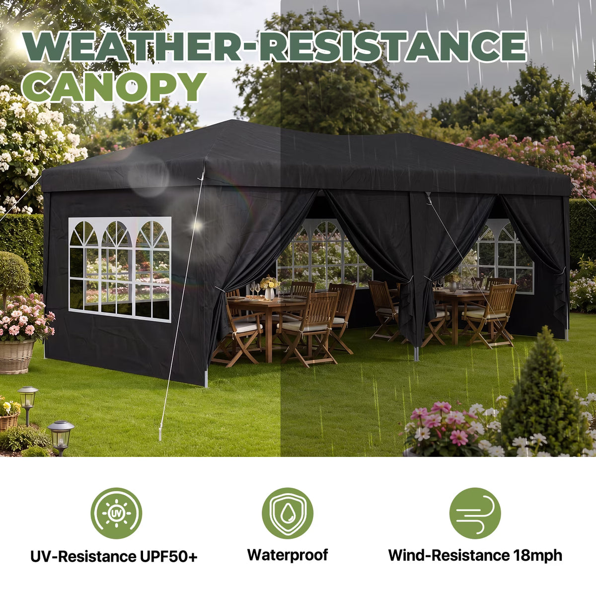 Dateyes 10x20 Pop Up Canopy Tent, Waterproof Party Tent with 6 Removable Sidewalls, 3-Level Height Adjustable Event Tent, Instant Shelter for Wedding, Party, Commercial & Market Events, Black
